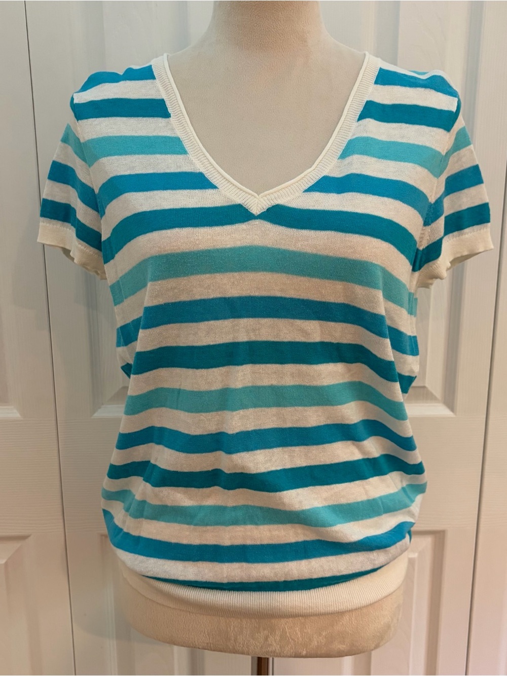 LOFT SzLg striped V-Neck Short Sleeve Top in blues and White